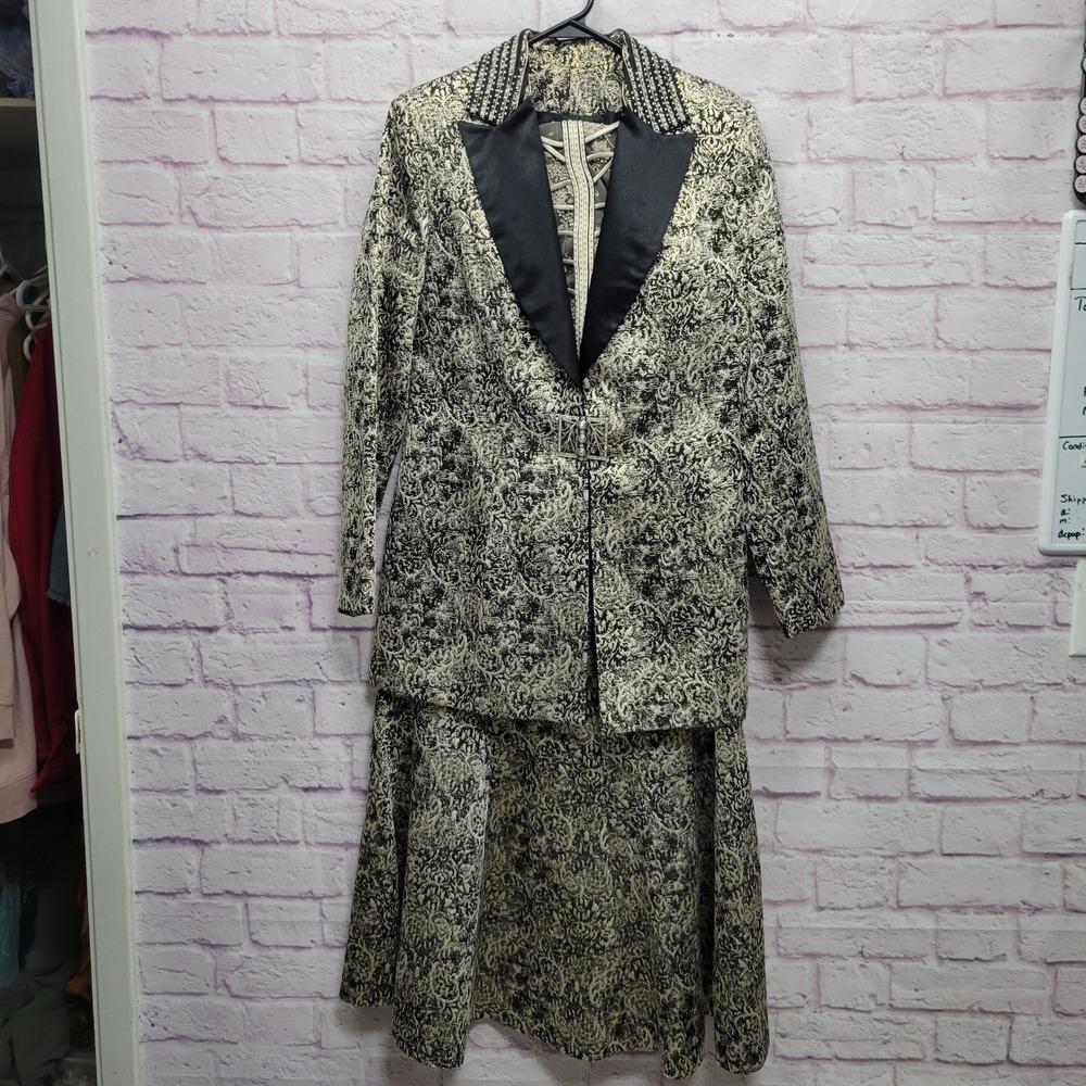 VTG SAMPLE Beaded Brocade Blazer Suit Set Sz 6 Formal Party Ornate Cocktail Gold